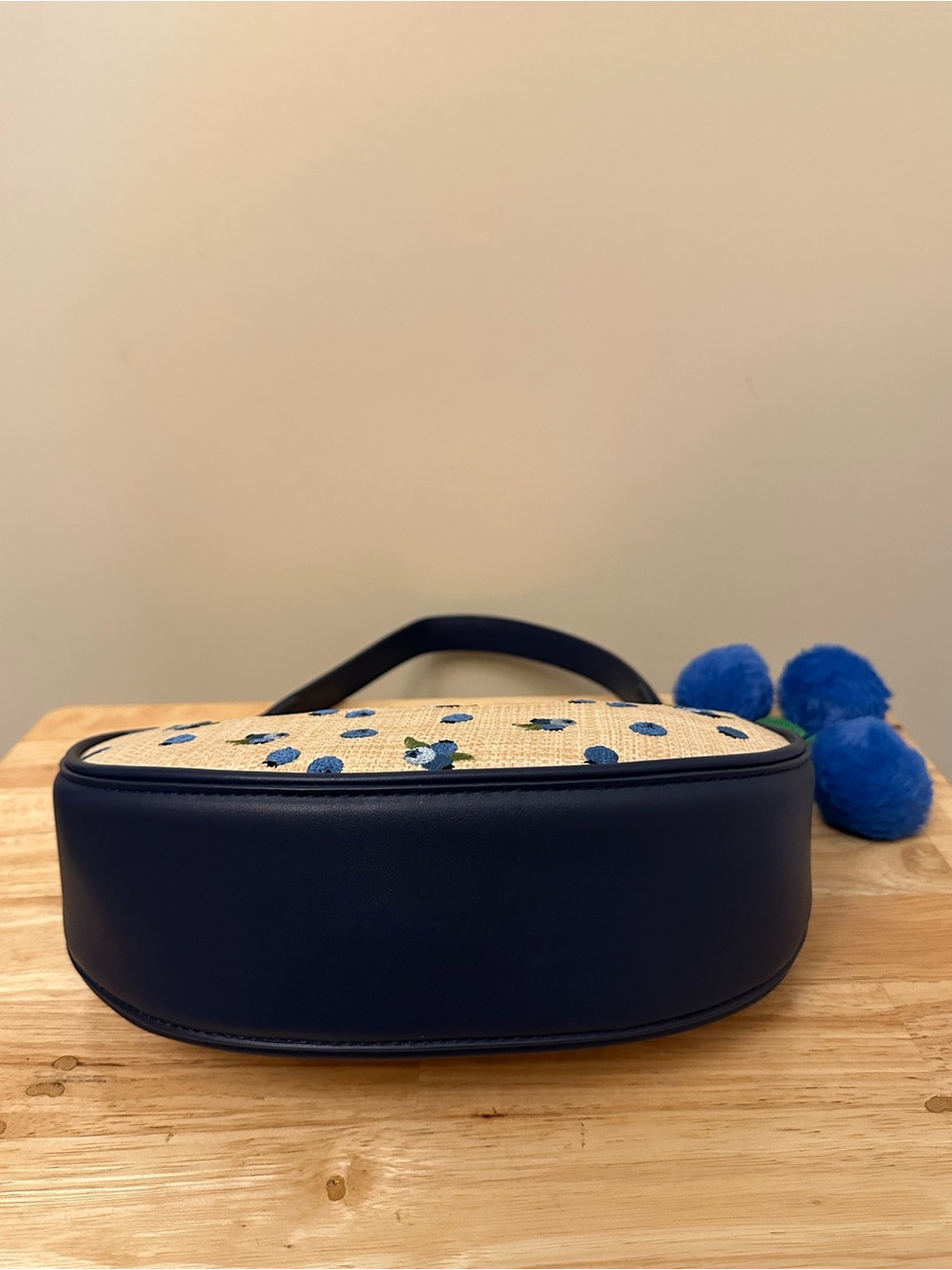 Betsey Johnson Navy Trim Straw Shoulder Bag with a Blue Pom Pom Charm - Picture 8 of 16